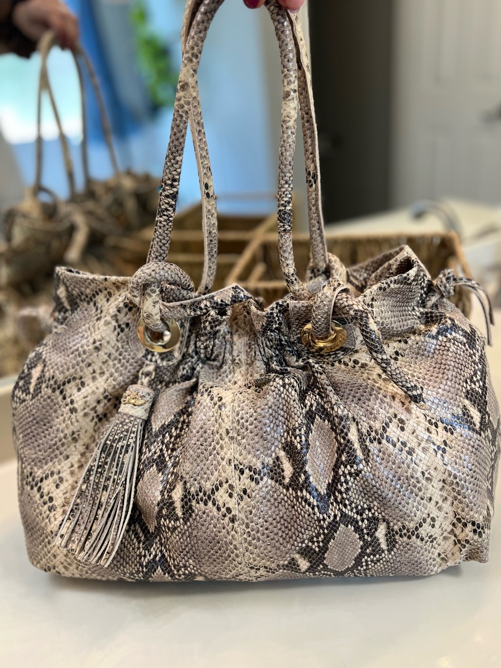 Python-Embossed Italian Leather  Shoulder Bag in Neutral Beige